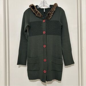 Tricot Joli Y2K Fur Trim Hooded Cardigan Button Down Long Sleeves Olive Green